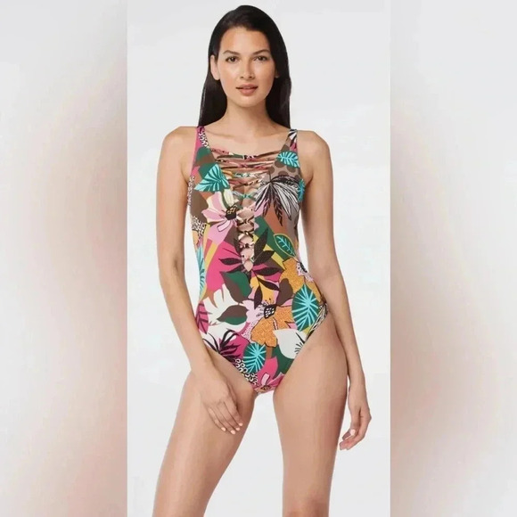 Bleu Rod Beattie Lace Down Over The Shoulder One-Piece Size - Picture 3 of 14